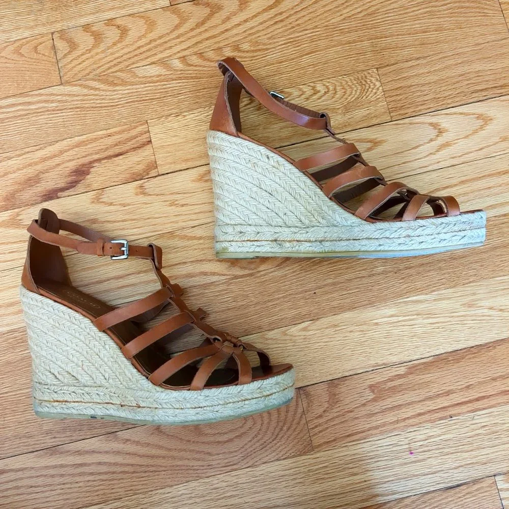 [SOLD] Coach Cognac Brown Leather Caged T-Strap Espadrille Wedge Strappy Sandals - Picture 16 of 16